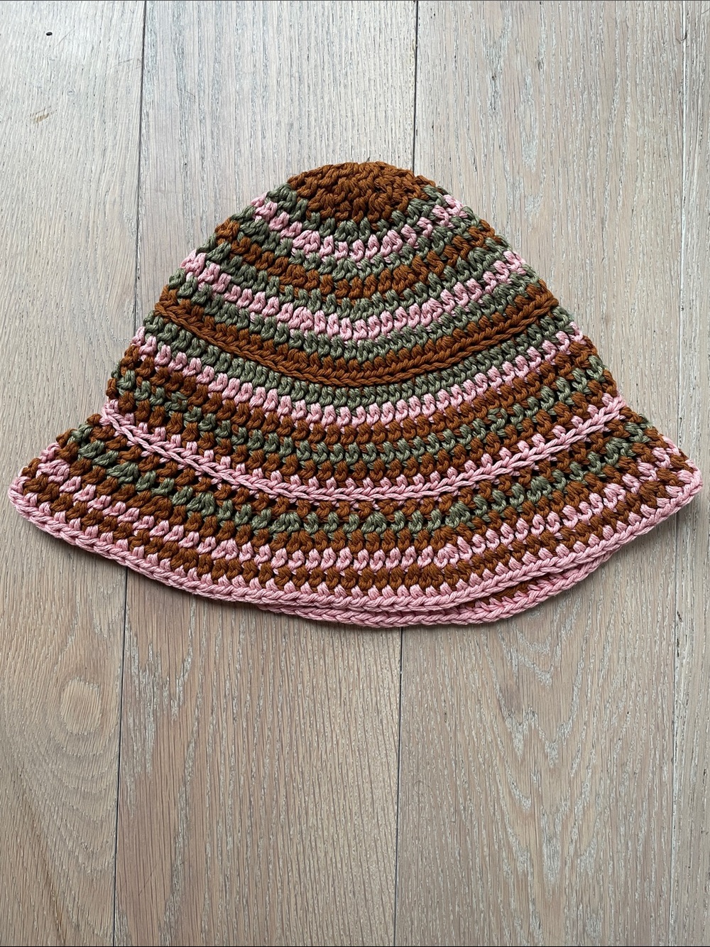 Crocheted Bucket Hat in Pink, Olive & Brown